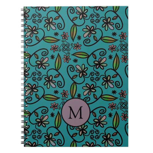 Süßes Türkis-Blumenmuster-Monogramm Notizblock (Vorderseite)