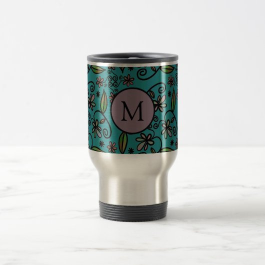 Süßes Türkis-Blumenmuster-Monogramm Reisebecher (Mittel)