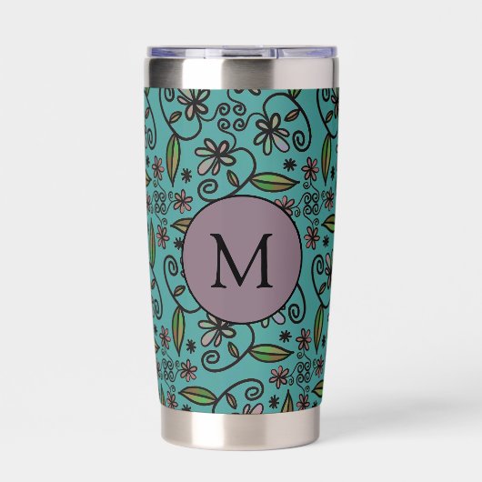 Süßes Türkis-Blumenmuster-Monogramm Thermobecher (Vorderseite)