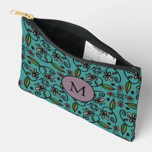 Süßes Türkis-Blumenmuster-Monogramm Zubehörtasche (Offen)