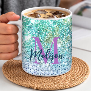 Süßes Türkis Einhorn Faux Glitter Monogramm Kaffeetasse