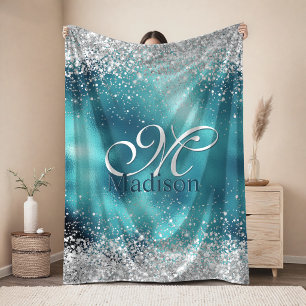 Süßes Türkis Silber falscher Glitter Monogramm Fleecedecke
