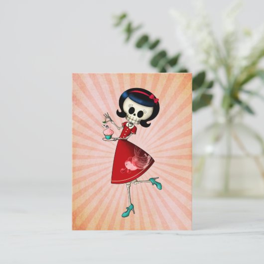 Süßes u. beängstigendes Skeleton Mädchen Postkarte (Stehend Vorderseite)