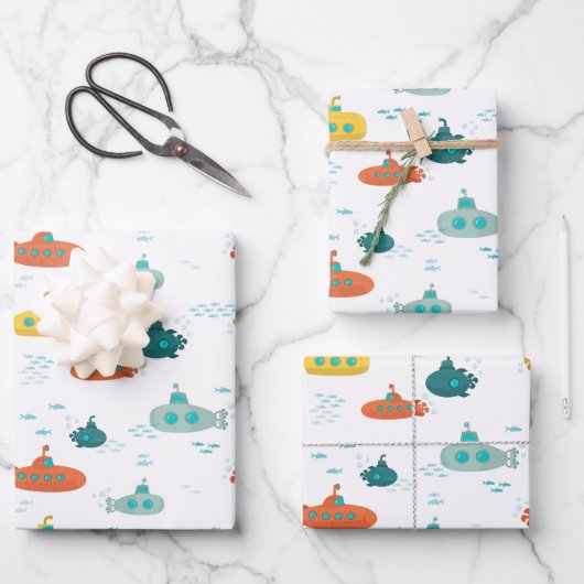 Süßes U-Boot-Nautik-Tiefsee-Fisch-Muster Geschenkpapier Set (Vorderseite)