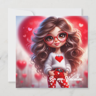Süßes Valentins Mädchen mit rotem Herz Liebe Feiertagskarte