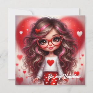 Süßes Valentins Mädchen mit rotem Herz Liebe Feiertagskarte