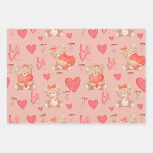 Süßes Valentinstag-Braun-Teddybär-Nahtloses Muster Geschenkpapier Set