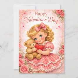 Süßes Valentinstagsmädchen mit Teddybär Einladung