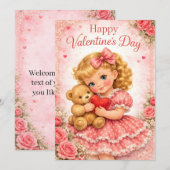 Süßes Valentinstagsmädchen mit Teddybär Einladung (Vorne/Hinten)