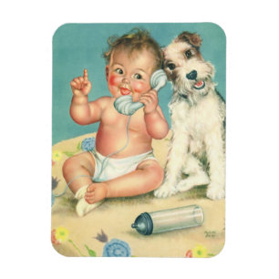 Süßes Vintage-Baby, das mit Hund telefoniert Magnet