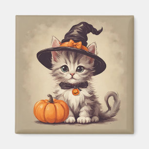 Süßes Vintage-Kätzchen im Halloween-Hexenkostüm Magnet