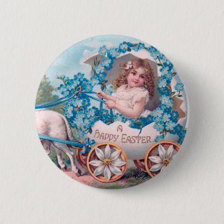 Süßes Vintage-Mädchen in einem Osterei-Wagen mit L Button