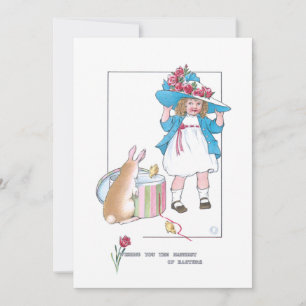 Süßes Vintage-Mädchen mit Osterhaube, Hase und Kük Feiertagskarte