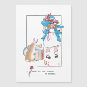 Süßes Vintage-Mädchen mit Osterhaube, Hase und Kük Magnetkarte
