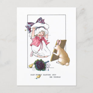 Süßes Vintage-Mädchen mit Osterhut & Hase Feiertagspostkarte