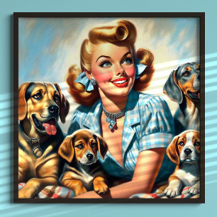 Süßes Vintage-Mädchen mit Welpen Poster