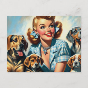 Süßes vintage Mädchen mit Welpen Postkarte