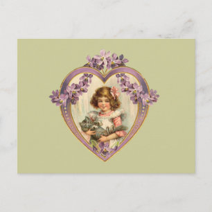 Süßes Vintage-Mädchen und Kätzchen Blumiges Herz Postkarte