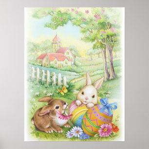 Süßes vintage Osterposter mit Kirche Poster