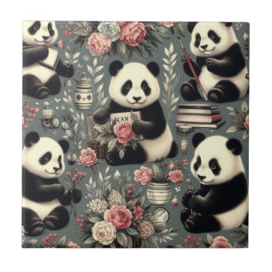 Süßes Vintage-Panda-Blumenmuster Fliese