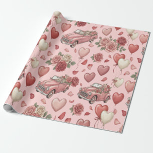 Süßes Vintage-Rosa-Auto und Herzballons-Muster Geschenkpapier