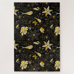 Süßes vintage schwarzes goldenes Blumenmuster Puzzle