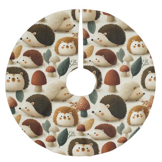 Süßes Wald-Igel- und Pilzmuster Polyester Weihnachtsbaumdecke (Vorderseite)