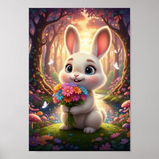 Süßes Waldkaninchen mit Blumenstrauß Poster (Vorne)