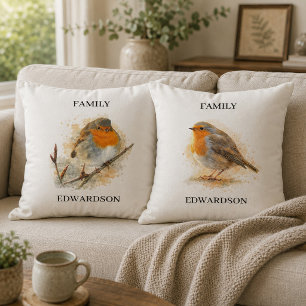 Süßes Wasserfarb-Rotkehlchen-Vogelfamilienmonogram Kissen