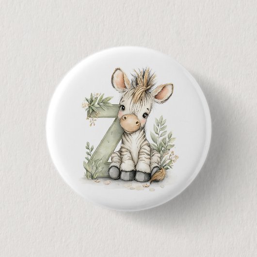 Süßes Wasserfarben-Baby-Tier-Alphabet Zebra Button (Vorderseite)