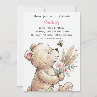 Süßes Wasserfarben-Bär-Mädchen-Geburtstag Einladung