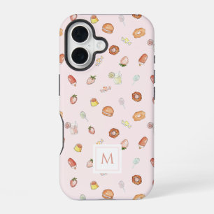 Süßes Wasserfarben-Dessert-Muster Rosa Monogramm iPhone 16 Hülle