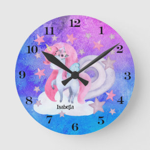 Süßes Wasserfarben Regenbogen Einhorn Personalisie Runde Wanduhr