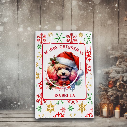Süßes Wasserfarbpoodle in Weihnachtsmannmütze Mittlere Geschenktüte