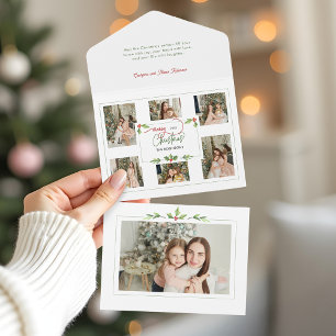 Süßes Watercolor-Stechpalmen-Weihnachten-Multi-Fot All In One Einladung