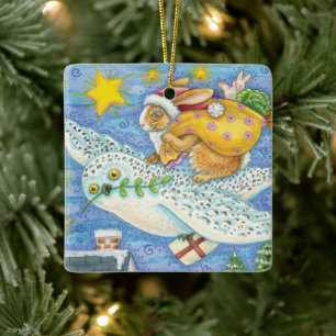 Süßes Weihnachten mit Kaninchen als Weihnachtsmann Keramikornament