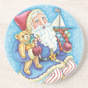 Süßes Weihnachten, Weihnachtsmann auf Schneeball m Sandstein Untersetzer
