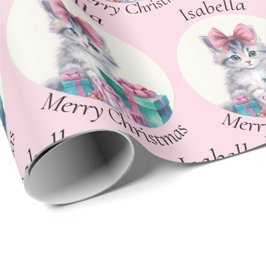 Süßes Weihnachts-Kätzchen Große Rosa Schleife Name Geschenkpapier (Rolleneckpunkt)