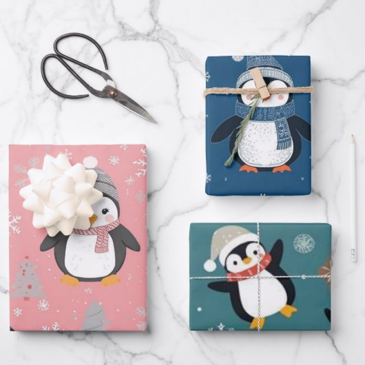 Süßes Weihnachts-Pinguin-Muster Geschenkpapier Set (Vorderseite)
