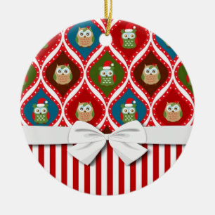 süßes Weihnachts-Santa-Holly-Eulen-Streifen-Muster Keramikornament