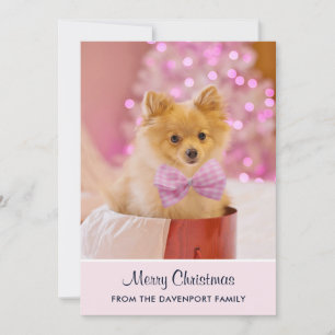 Süßes Weihnachtshund-Foto mit rosa Schleife und Ba Feiertagskarte