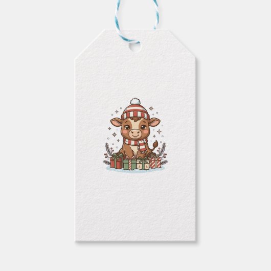 Süßes Weihnachtskalb mit Geschenken Vintage Vektor Geschenkanhänger (Vorderseite)