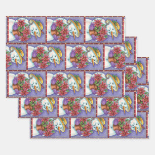 Süßes Weihnachtsmädchen Schneemann mit Poinsettie Geschenkpapier Set