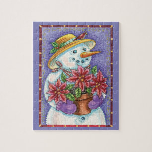 Süßes Weihnachtsmädchen Schneemann mit Poinsettie Puzzle