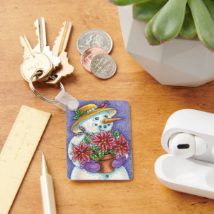 Süßes Weihnachtsmädchen Schneemann mit Poinsettie Schlüsselanhänger