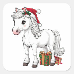 Süßes Weihnachtspferd mit Santa-Hut Quadratischer Aufkleber
