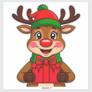 Süßes Weihnachtsrentier mit einem Geschenk Aufkleber