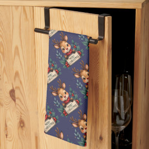 Süßes Weihnachtsrentier mit Stechpalme und Schild Geschirrtuch