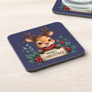 Süßes Weihnachtsrentier mit Stechpalme und Schild Getränkeuntersetzer