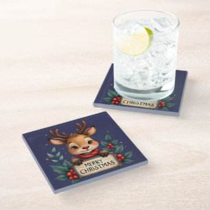 Süßes Weihnachtsrentier mit Stechpalme und Schild Glasuntersetzer